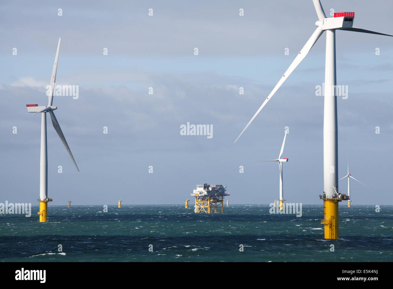 Gwynt y Mor Offshore Wind Farm off the coast of North Wales during the construction phase of spring 2014 Stock Photo