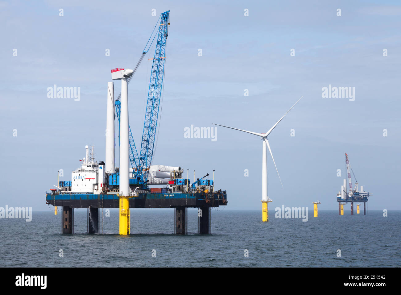 Sea Jack on the Gwynt y Mor Offshore Wind Farm off the coast of North Wales during the construction phase of spring 2014 Stock Photo