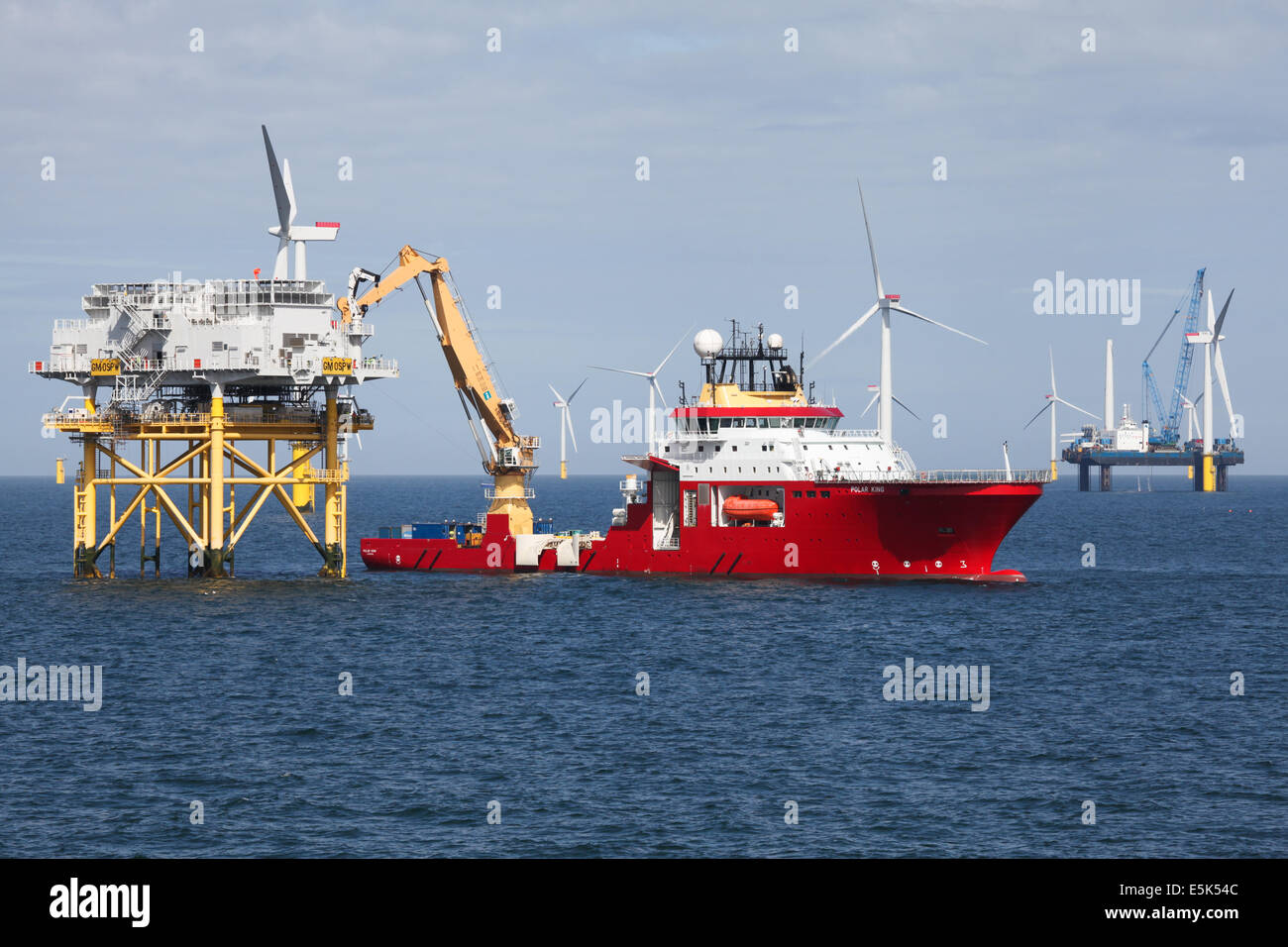 Polar King on the Gwynt y Mor Offshore Wind Farm off the coast of North Wales during the construction phase of spring 2014 Stock Photo