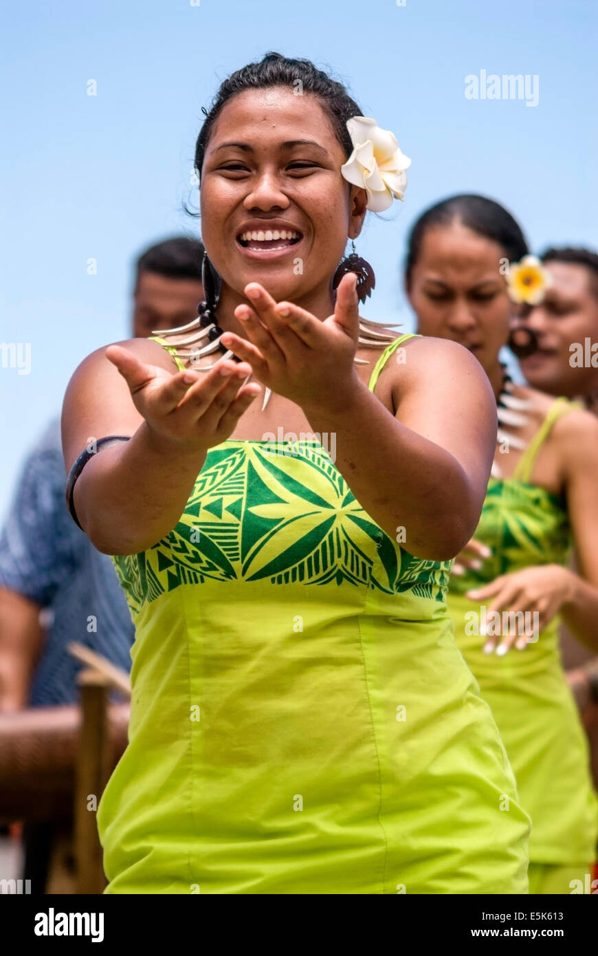 Female Polynesian dancer in traditional costume performing during a performance in Apia, Samoa. Stock Photo