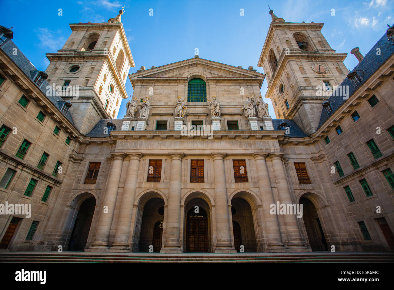 View of the facade church in the Royal Site of San Lorenzo de El Escorial next to Madrid Spain Stock Photo