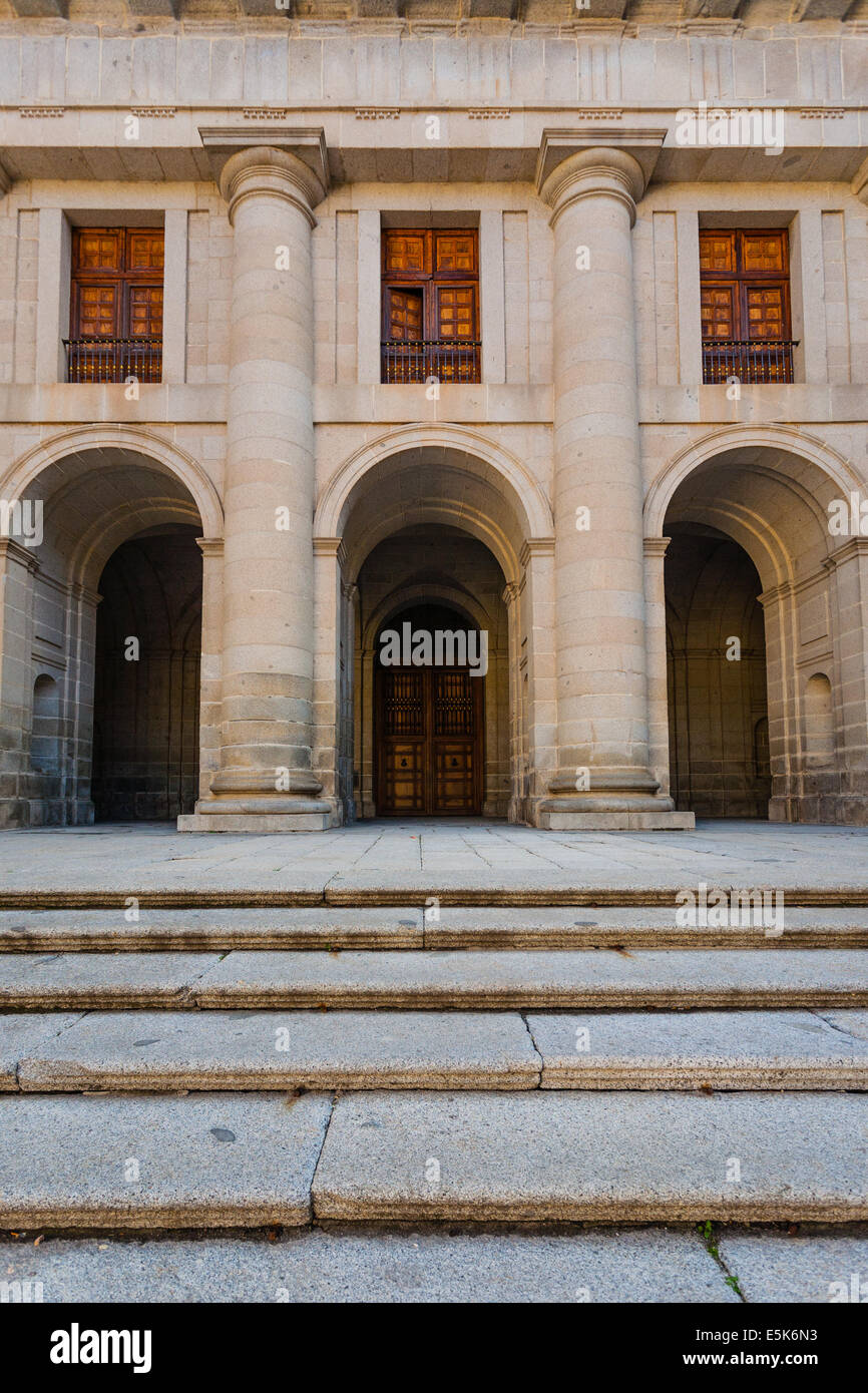 Close up View of the facade church and starway in the Royal Site of San Lorenzo de El Escorial next to Madrid Spain Stock Photo