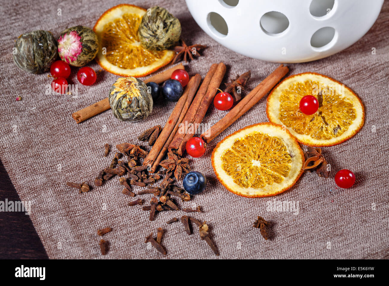 Chinese green tea and fragrant spices shot close-up in studio Stock Photo