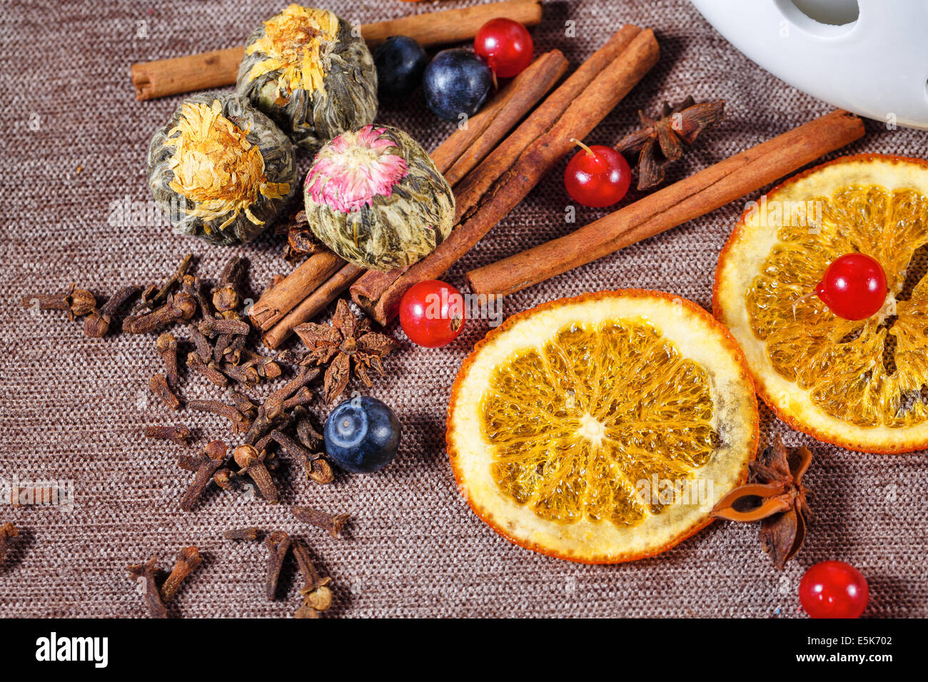 Chinese green tea and fragrant spices shot close-up in studio Stock Photo