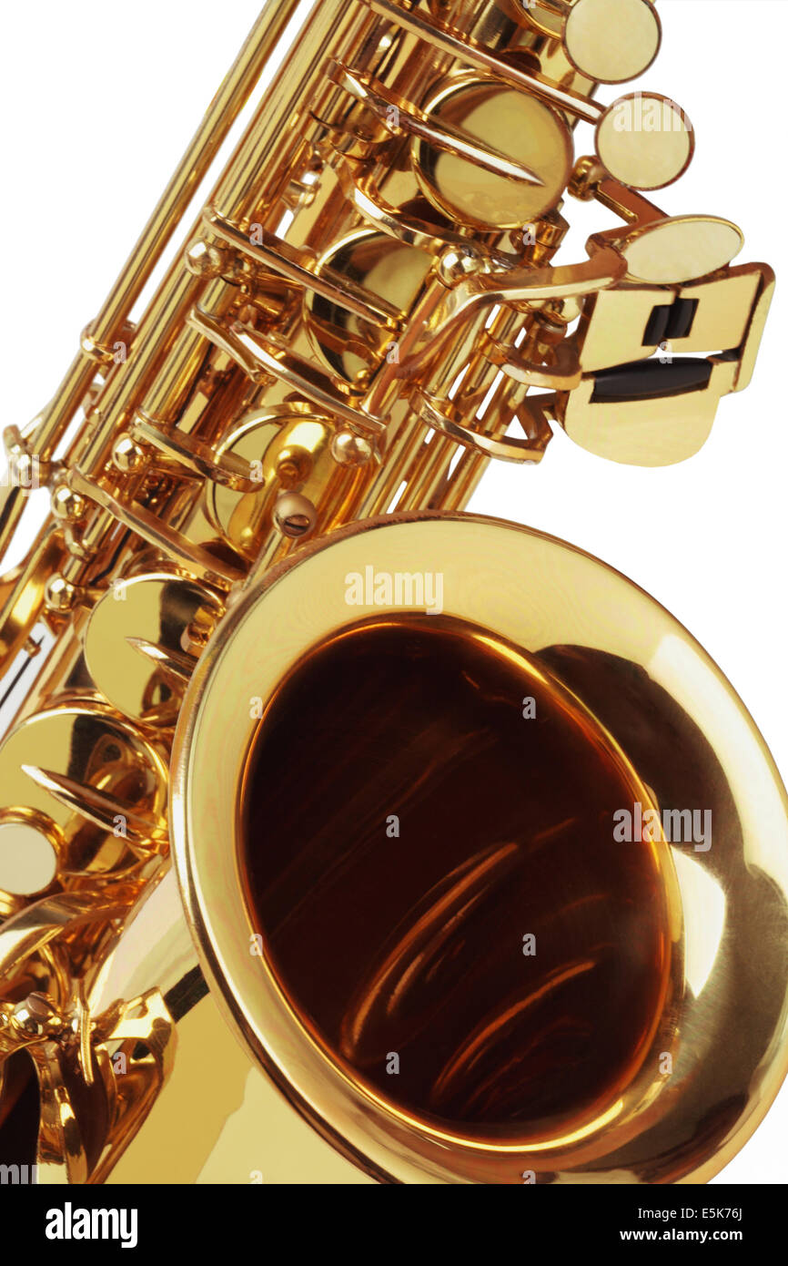 Close Up Of Saxophone On White Background Stock Photo
