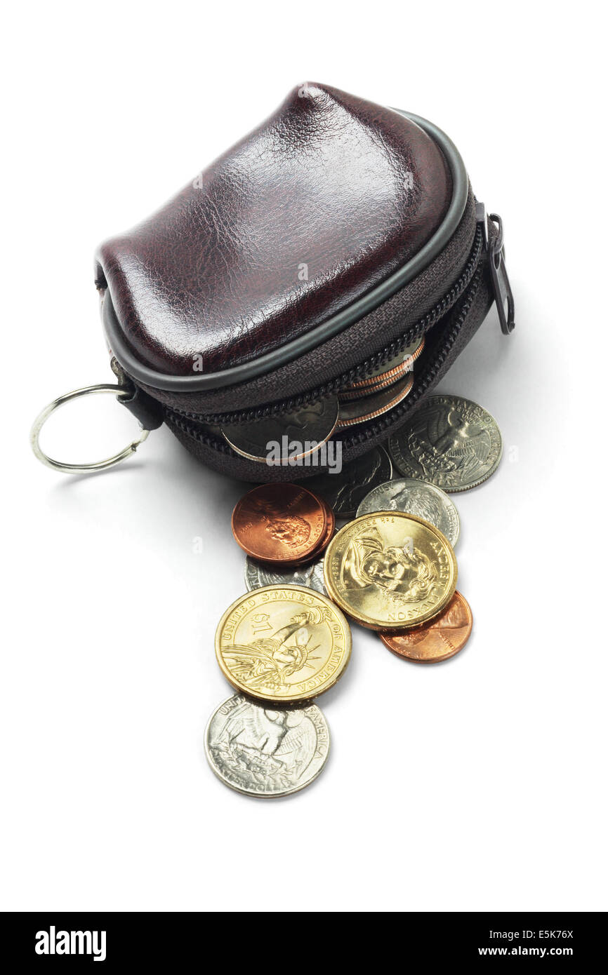 Leather Purse And Assorted US Coins On White Background Stock Photo