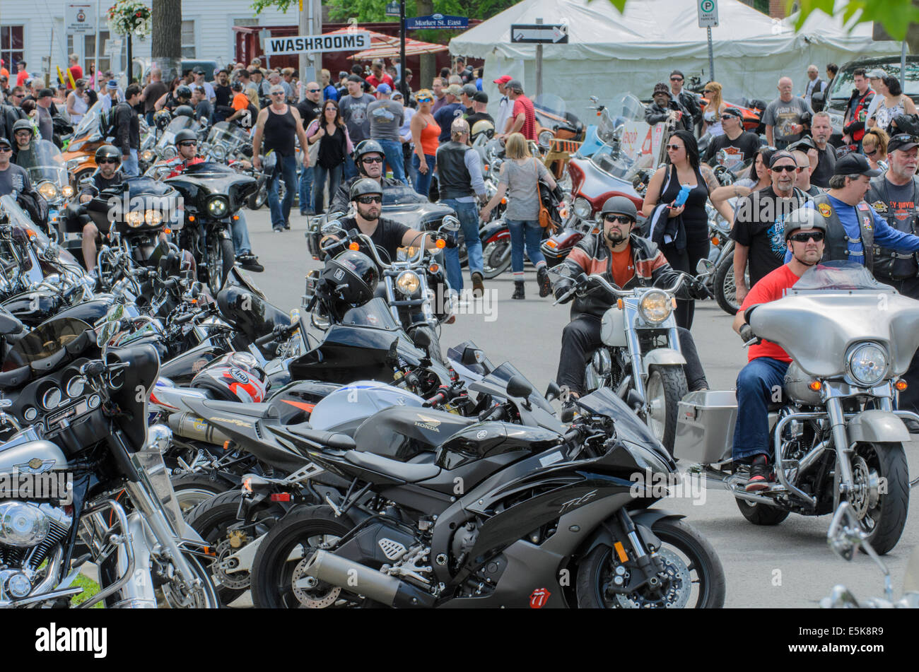 One of the many streets in Port Dover, Ontario, Canada that are lined with motorcycles every Friday the Thirteenth. Stock Photo