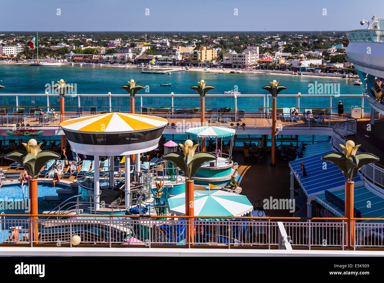 The pool deck of the Norwegian Dawn cruise ship in the port of Cozumel, Mexico. Stock Photo