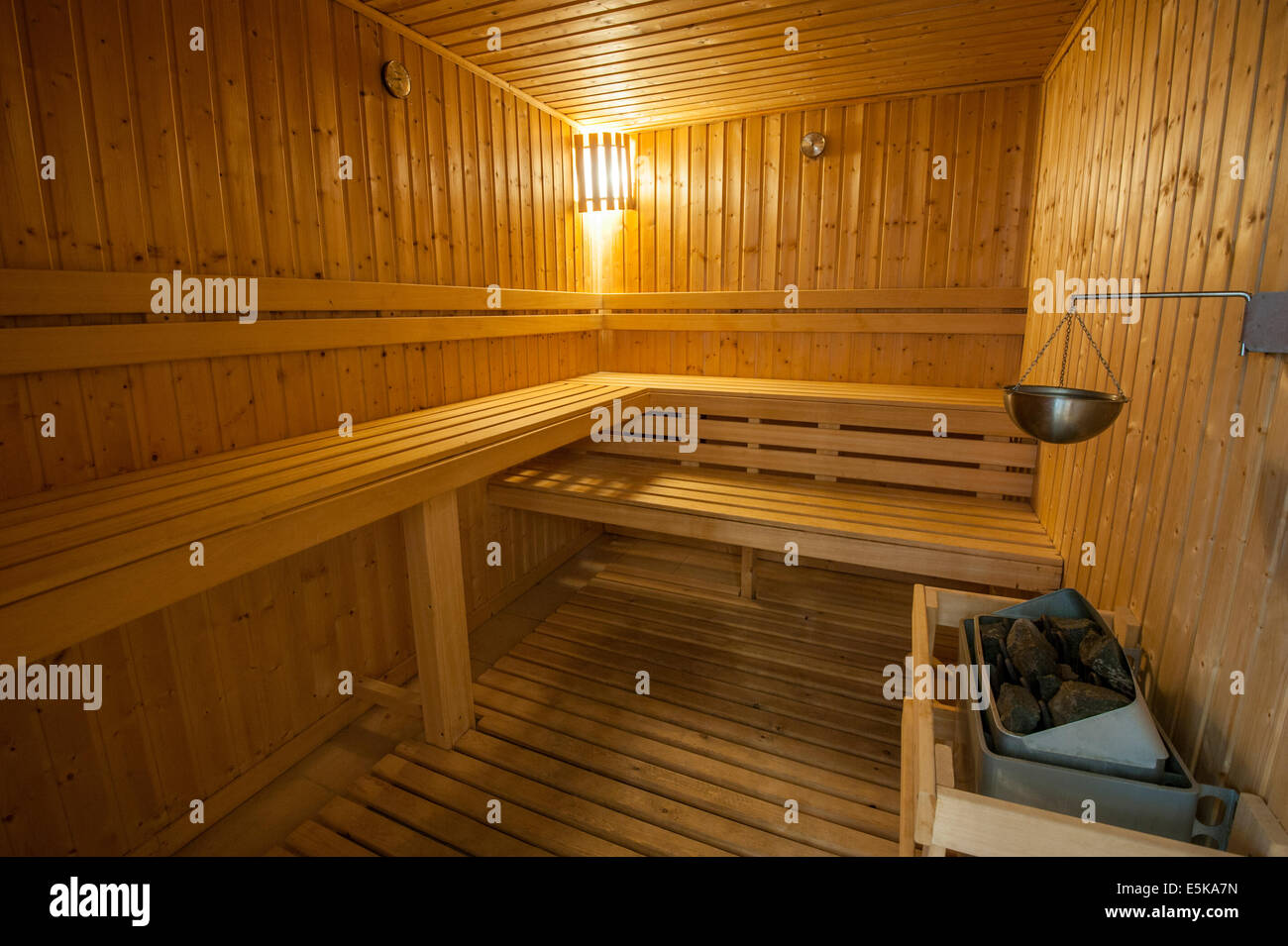Interior detail of sauna room in health club spa Stock Photo
