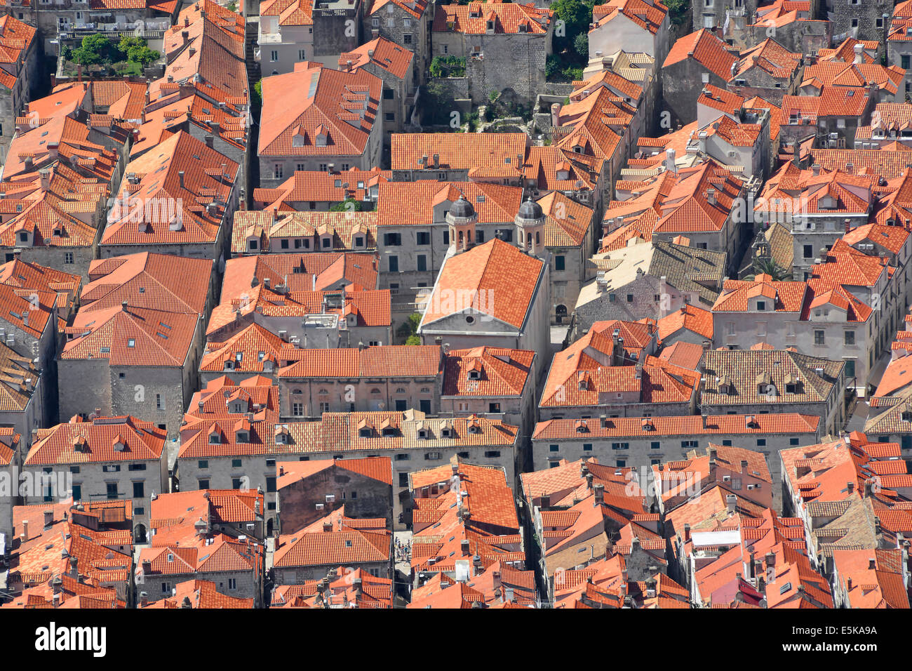 Looking down on rooftops within the walled city of Dubrovnik from Mount Srd Stock Photo