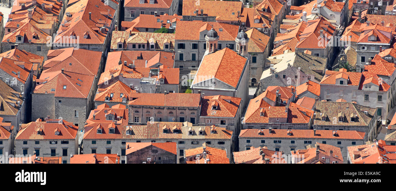 Looking down on rooftops within the walled city of Dubrovnik from Srd Hill Stock Photo