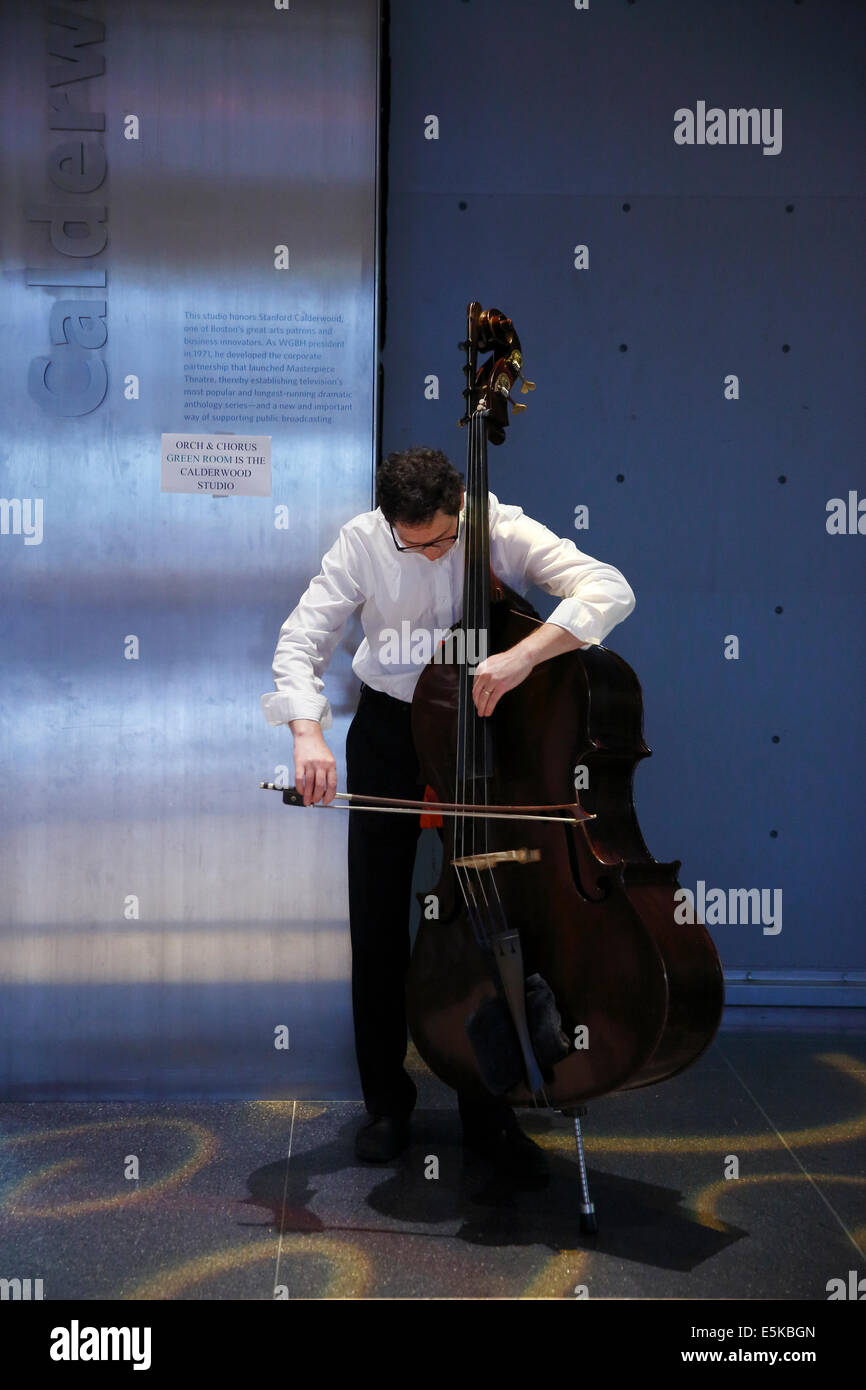 Double bass player tuning Stock Photo