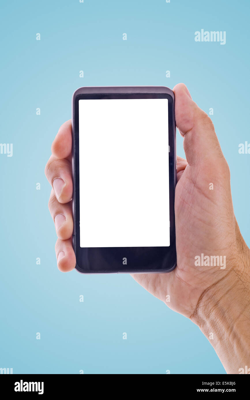 Male hand holding generic mobile smart phone with blank white screen ...