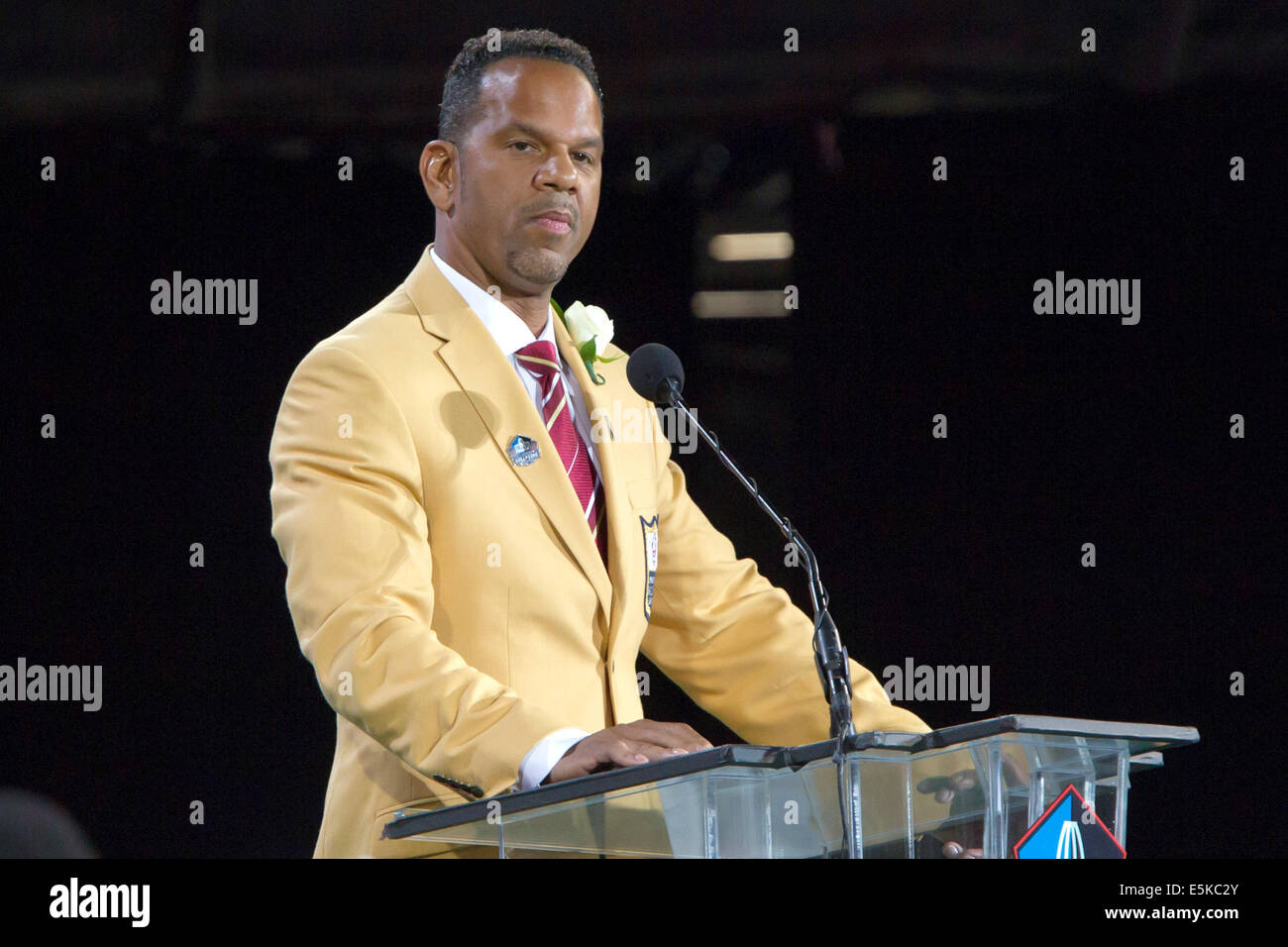 Canton, Ohio, USA. 2nd Aug, 2014. ANDRE REED addresses the crowd at his ...