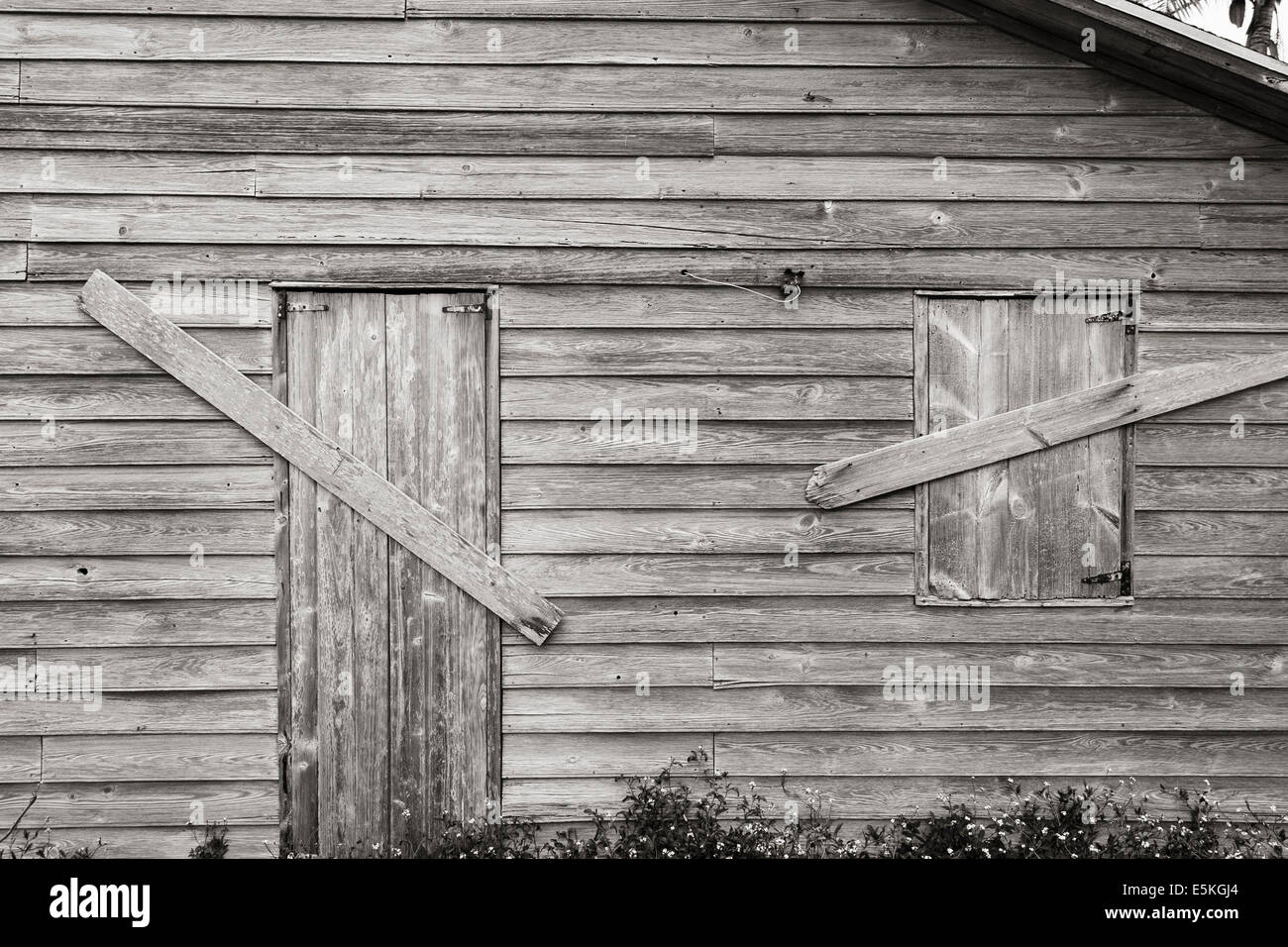 No Entry: a boarded up unpainted house in Hopetown. The side wall of a weathered wooden house boards nailed over window door Stock Photo