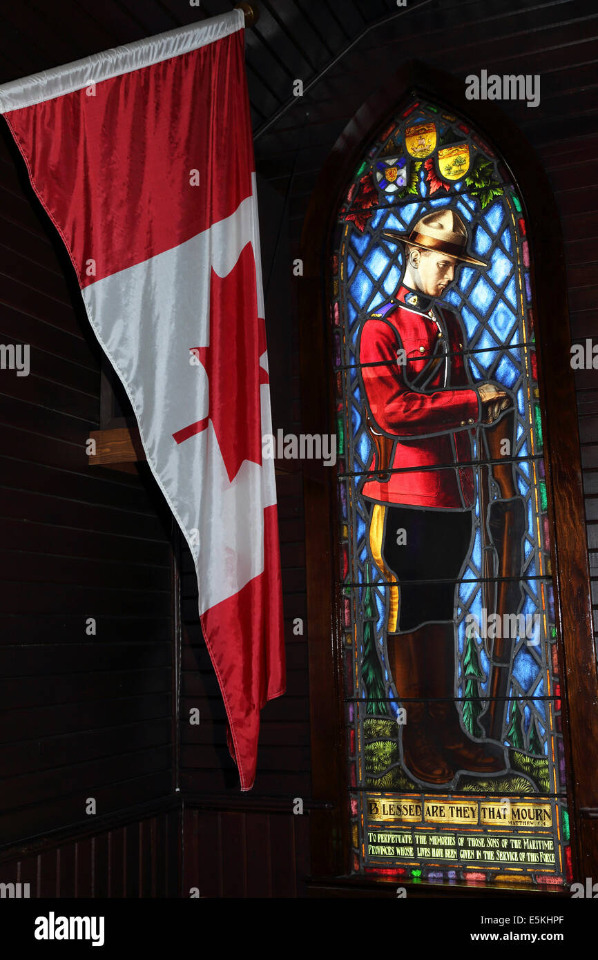 A mountie in stained glass at the chapel at the Royal Canadian Mounted Police (RCMP) Depot in
