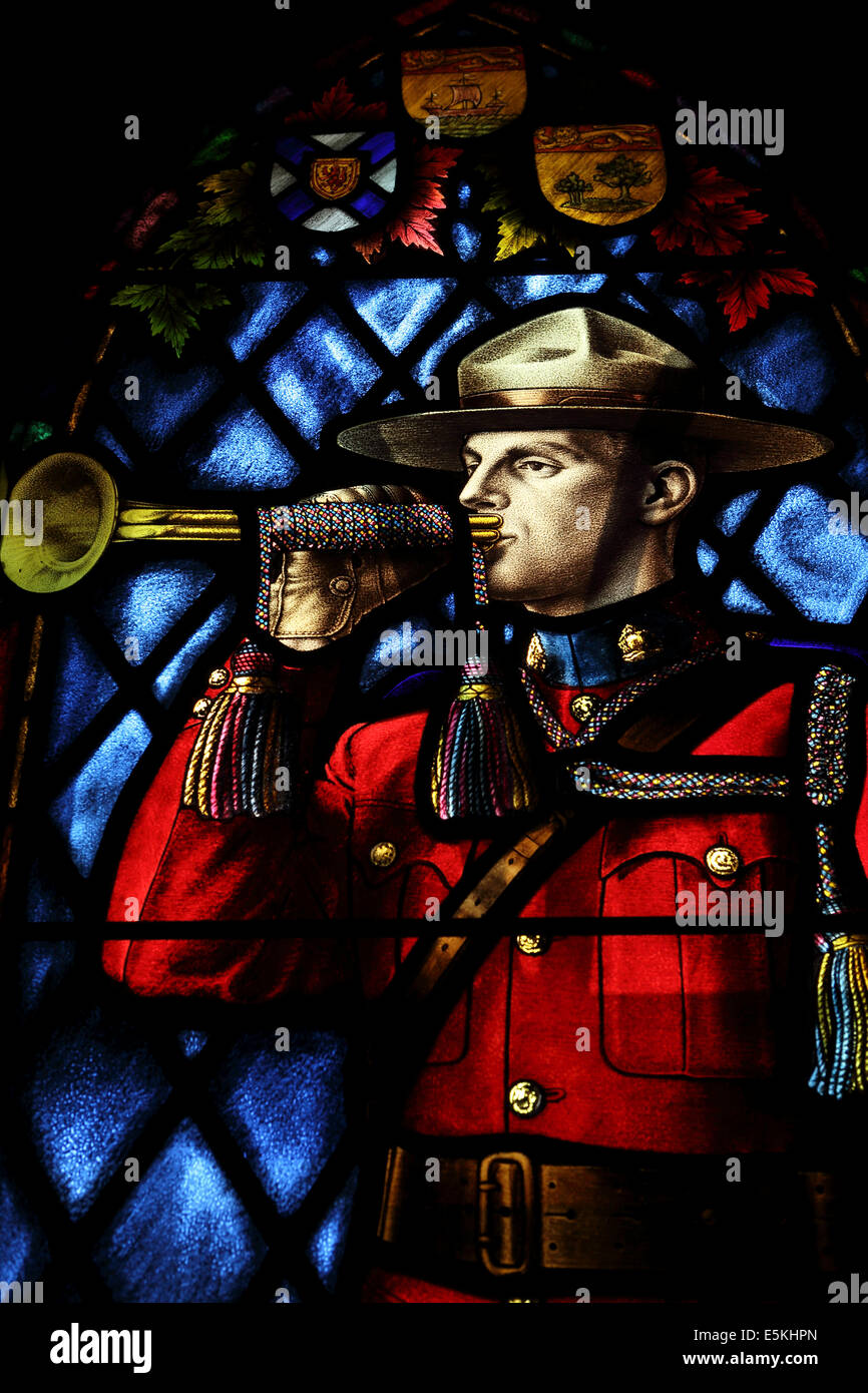 A mountie in stained glass at the chapel at the Royal Canadian Mounted Police (RCMP) Depot in Regina, Saskatchewan. All officers Stock Photo