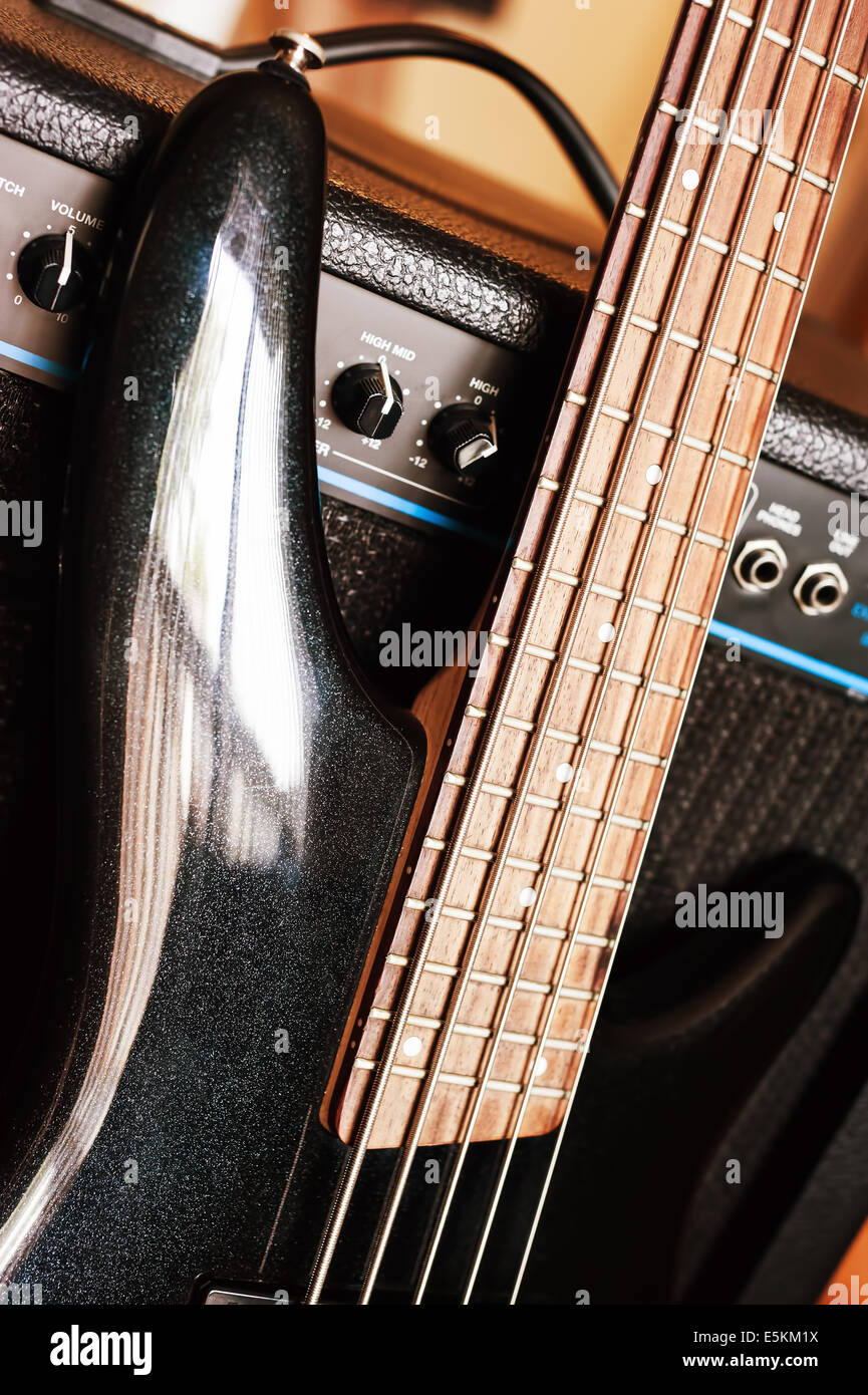 Five string bass guitar with combo amplifier Stock Photo Alamy