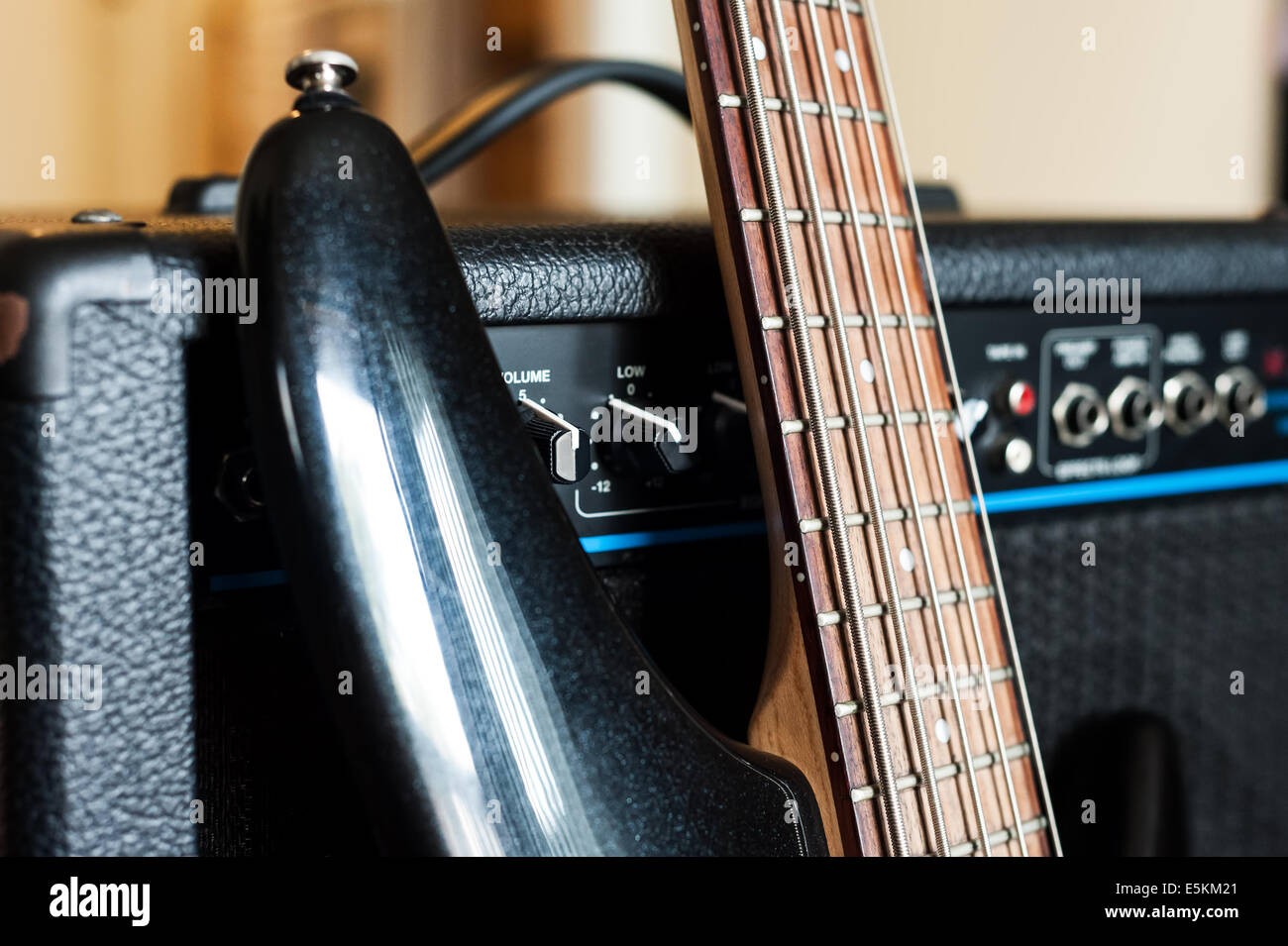 Five string bass guitar with combo amplifier Stock Photo Alamy