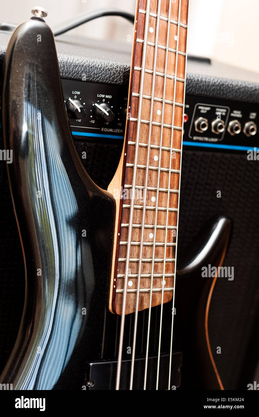 Five string bass guitar with combo amplifier Stock Photo Alamy