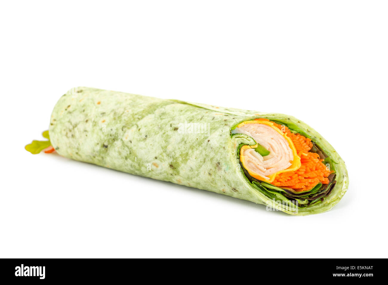 Spinach Tortilla Wrap, Chicken, Carrots, Cheese, Lettuce Stock Photo