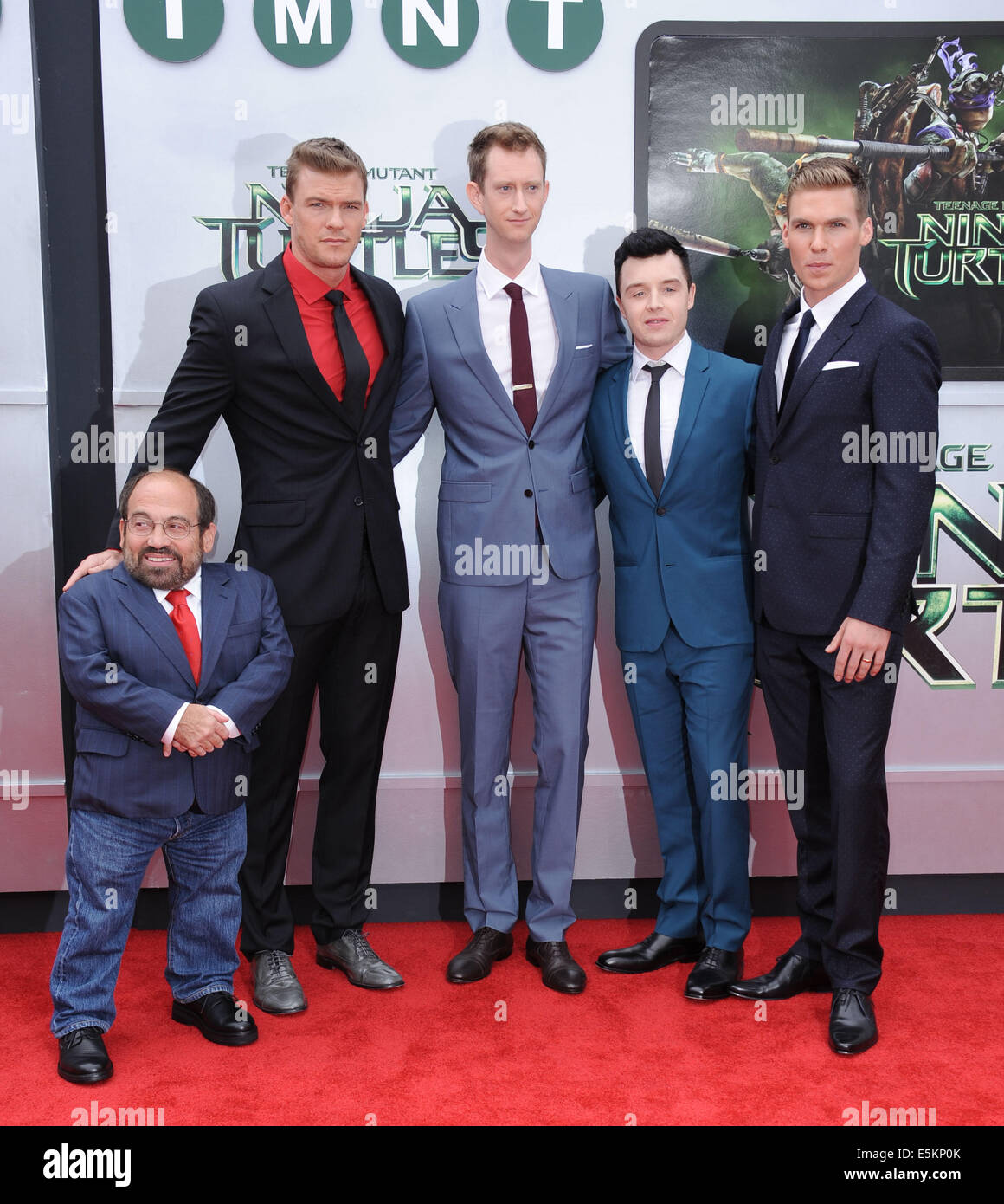 Los Angeles, California, USA. 3rd Aug, 2014. Danny Woodburn, Alan Ritchson, Jeremy Howard, Noel Fisher, Pete Ploszek attending the Los Angeles Premiere of ''Teenage Mutant Ninja Turtles'' held at the Regency Village Theater in Westwood, California on August 3, 2014. 2014 Credit:  D. Long/Globe Photos/ZUMA Wire/Alamy Live News Stock Photo