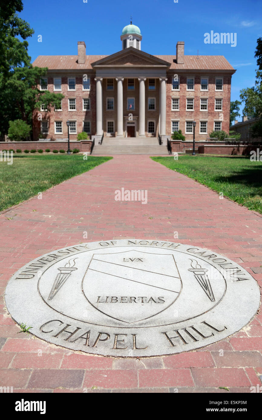 University of North Carolina, Chapel Hill, UNC. The University's seal with the south building in the background (blurred). Stock Photo