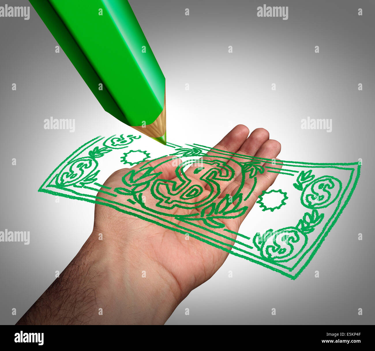 Making money business concept as a green pencil drawing a dollar currency on an open hand as a symbol of creating wealth or government subsidies for lobby groups or payment of a refund. Stock Photo