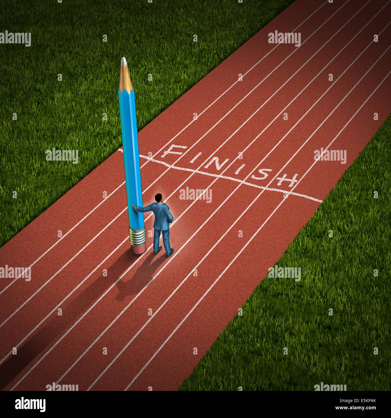 Winning strategy and creative thinking business concept as a successful  businessman holding a giant pencil who has drawn a finish line on a running track as a symbol of innovation and being an outside the box thinker to achieve victory. Stock Photo
