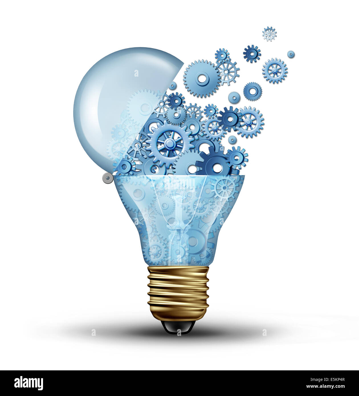 Creative technology and communication concept as an open door light bulb tranfering gears and cogs as a  business metaphor for downloading or uploading innovation solutions. Stock Photo