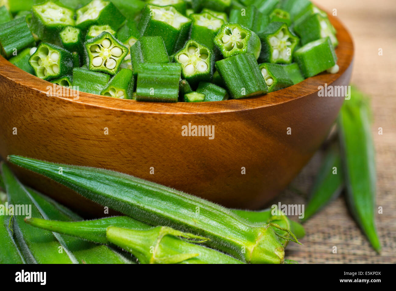 Chopped Okra, Raw Okro in Bowl Stock Photo