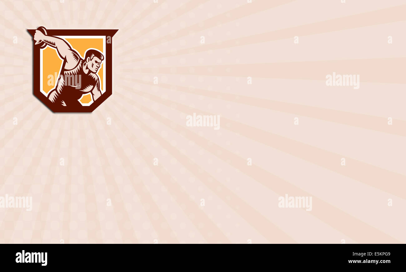 Business card showing llustration of a discus thrower set inside shield ...