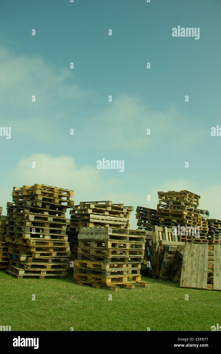 Piles of wood pallets on the grass. Stock Photo
