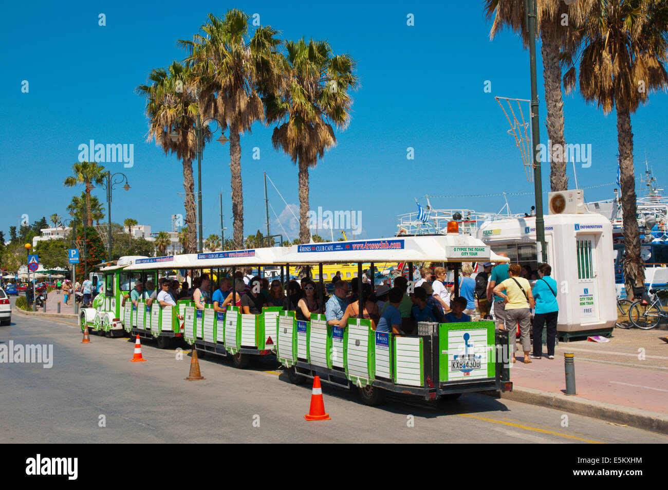 City tour tourist train, harbourside promenade, Kos town, Kos island, Dodecanese islands, Greece, Europe Stock Photo