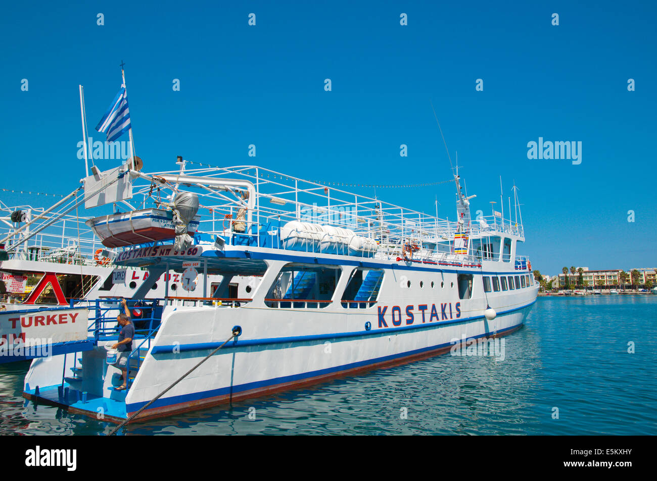 Private boat to Bodrum, harbour, Kos town, Kos island, Dodecanese islands, South Aegean region, Greece, Europe Stock Photo