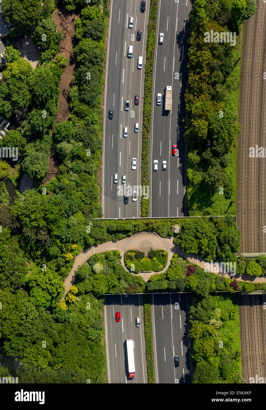 Motorway bridge, landscaped bridge on the A3, Duisburg Zoo, aerial view, Duisburg, Ruhr district, North Rhine-Westphalia Stock Photo