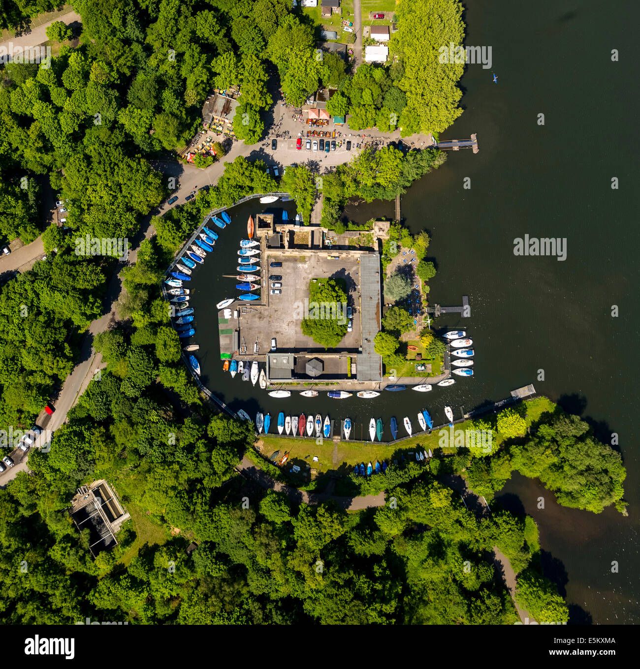 Haus Scheppen manor house on Lake Baldeney, aerial view, Fischlaken, Essen, Ruhr district, North Rhine-Westphalia, Germany Stock Photo