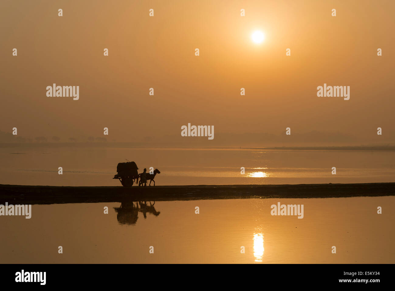 A donkey cart crossing the Yamuna river on a dam at sunrise, Vrindavan, Uttar Pradesh, India Stock Photo