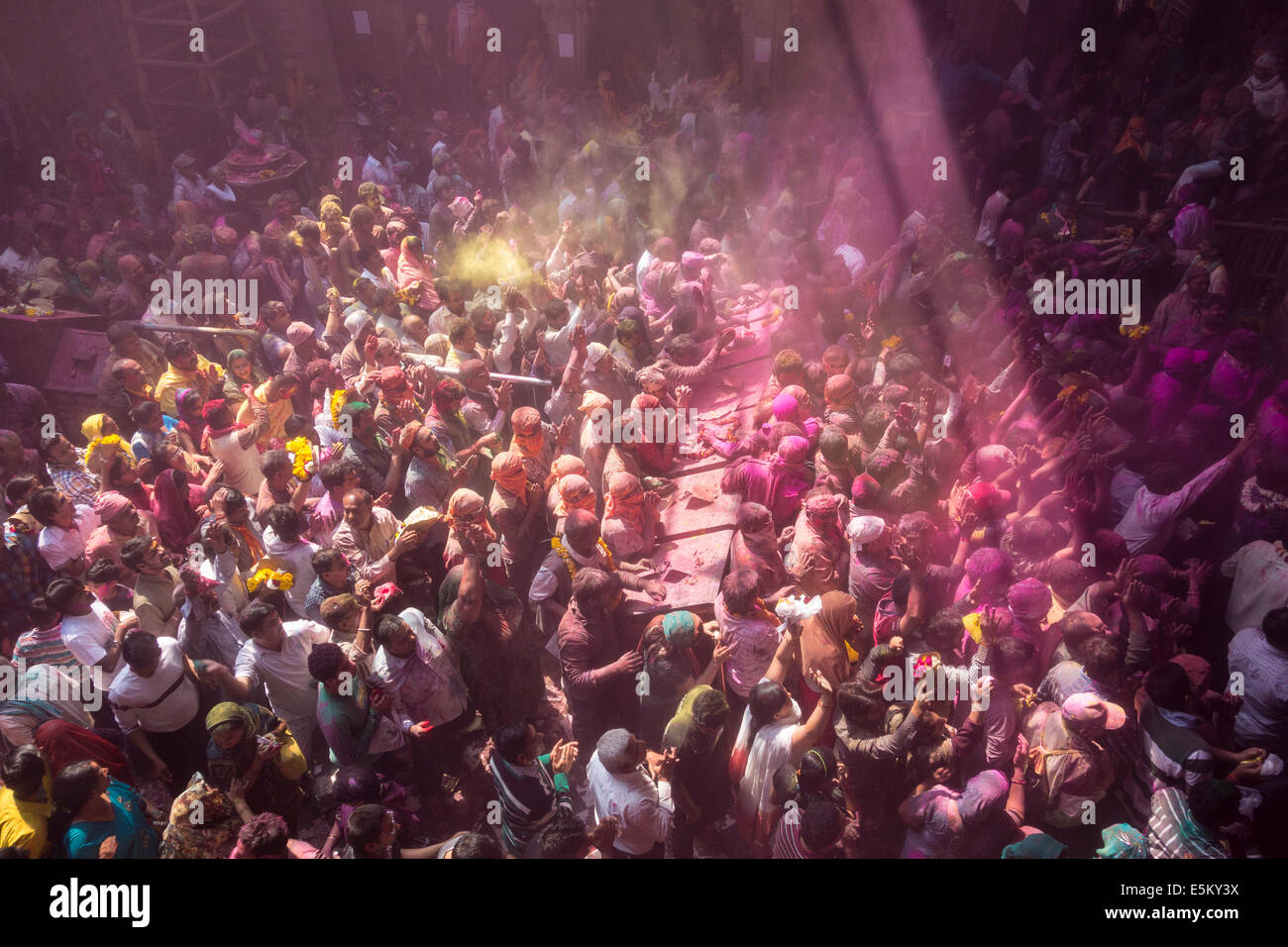 Devotees celebrating and throwing coloured powder, Holi festival, Banke Bihari Temple, Vrindavan, Uttar Pradesh, India Stock Photo