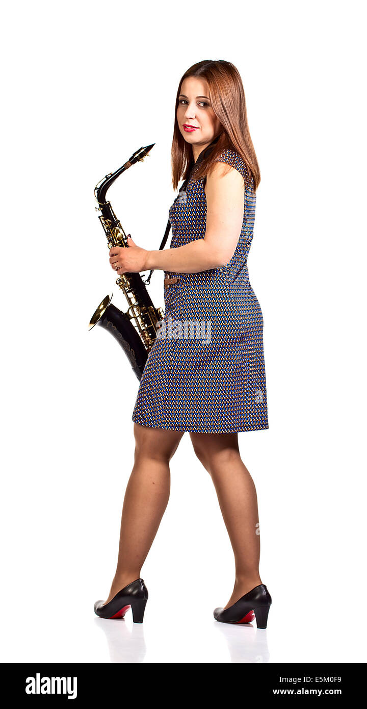 woman with saxophone isolated on white background Stock Photo