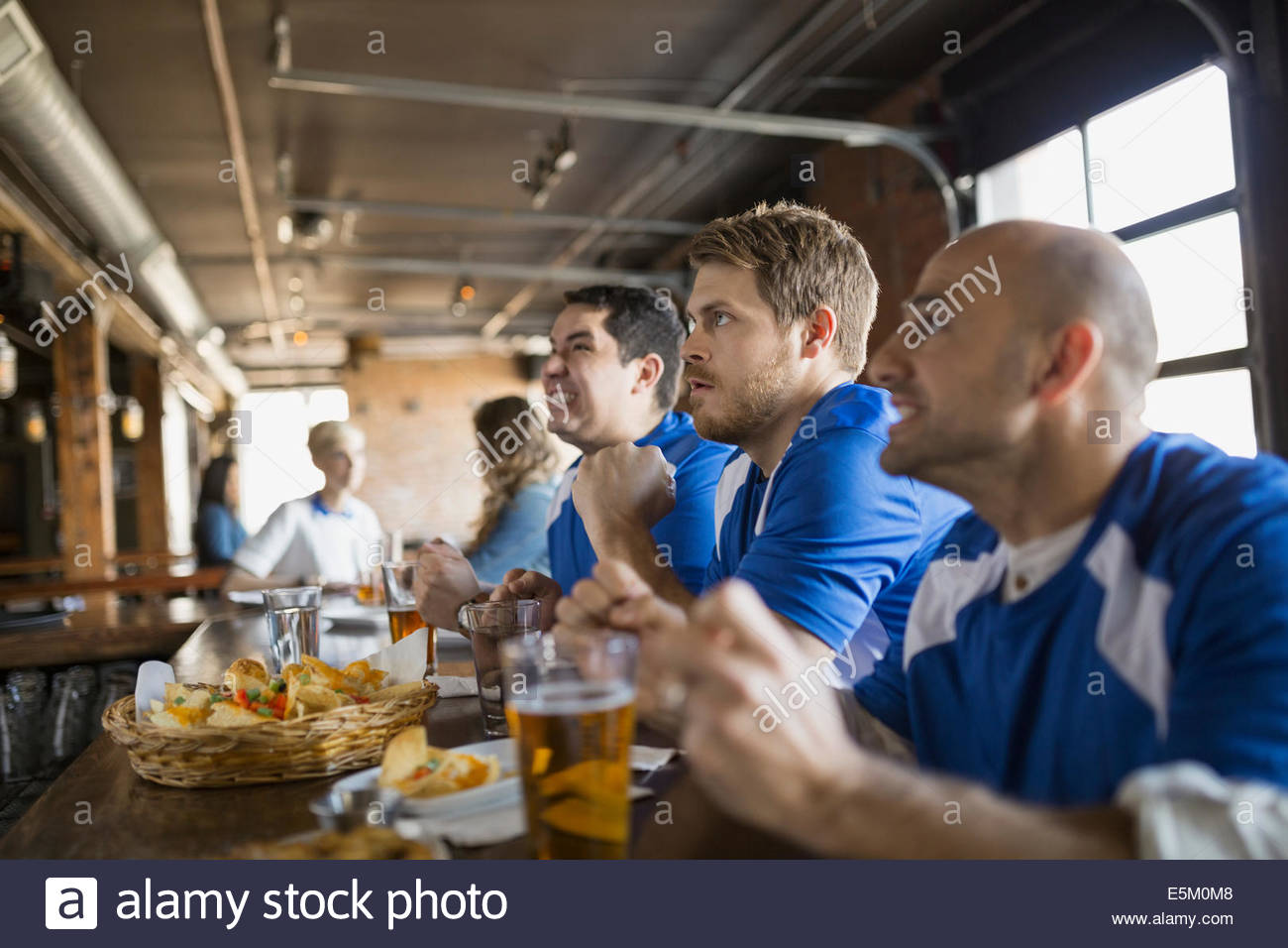Sports fans sitting at bar in pub Stock Photo Alamy