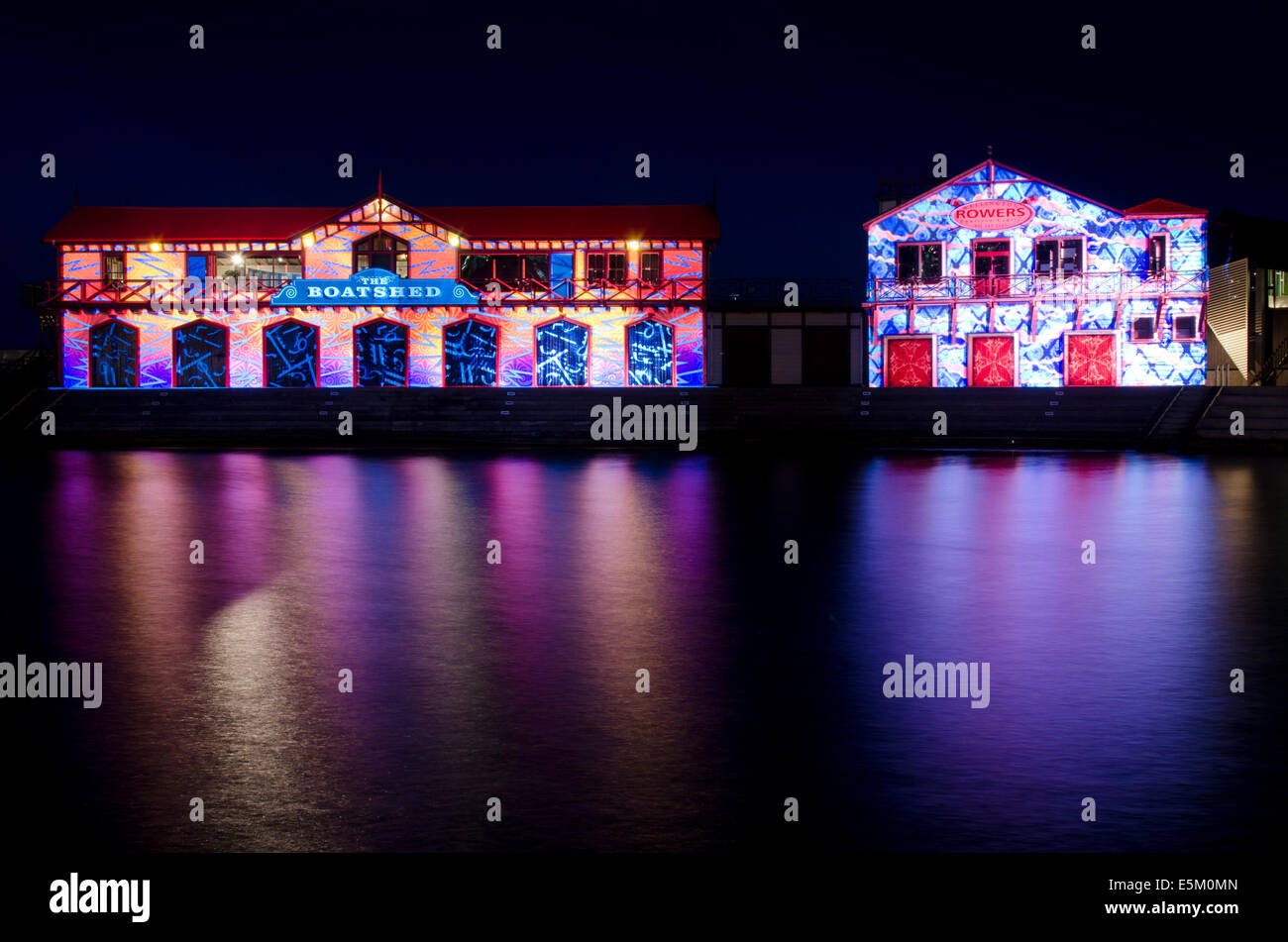 Coloured images projected onto buildings, Rowing, Club, boatshed