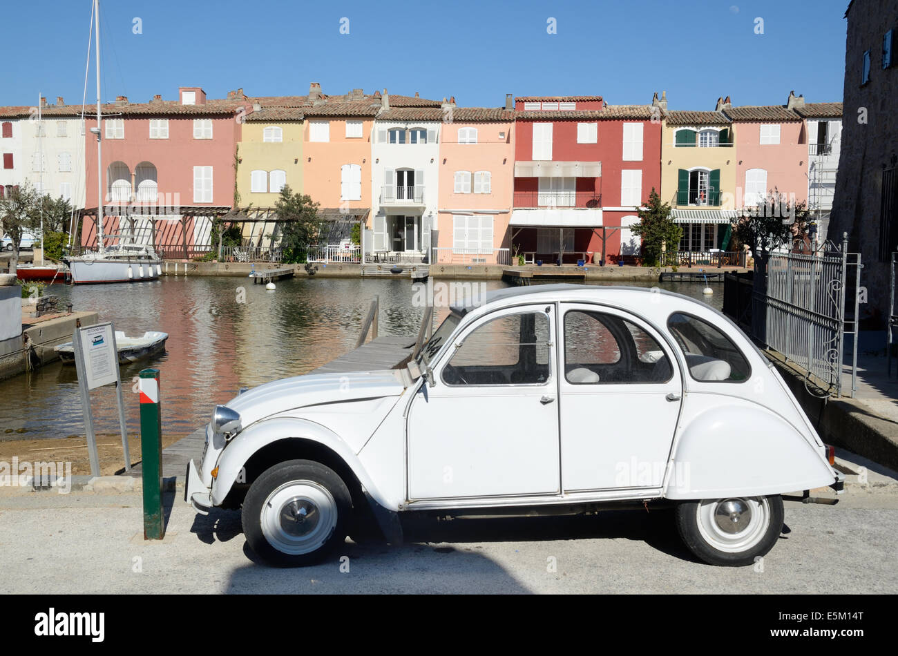 Port Grimaud Port and Resort Town and Vintage White Citroën 2 CV Côte d'Azur Var Provence France Stock Photo