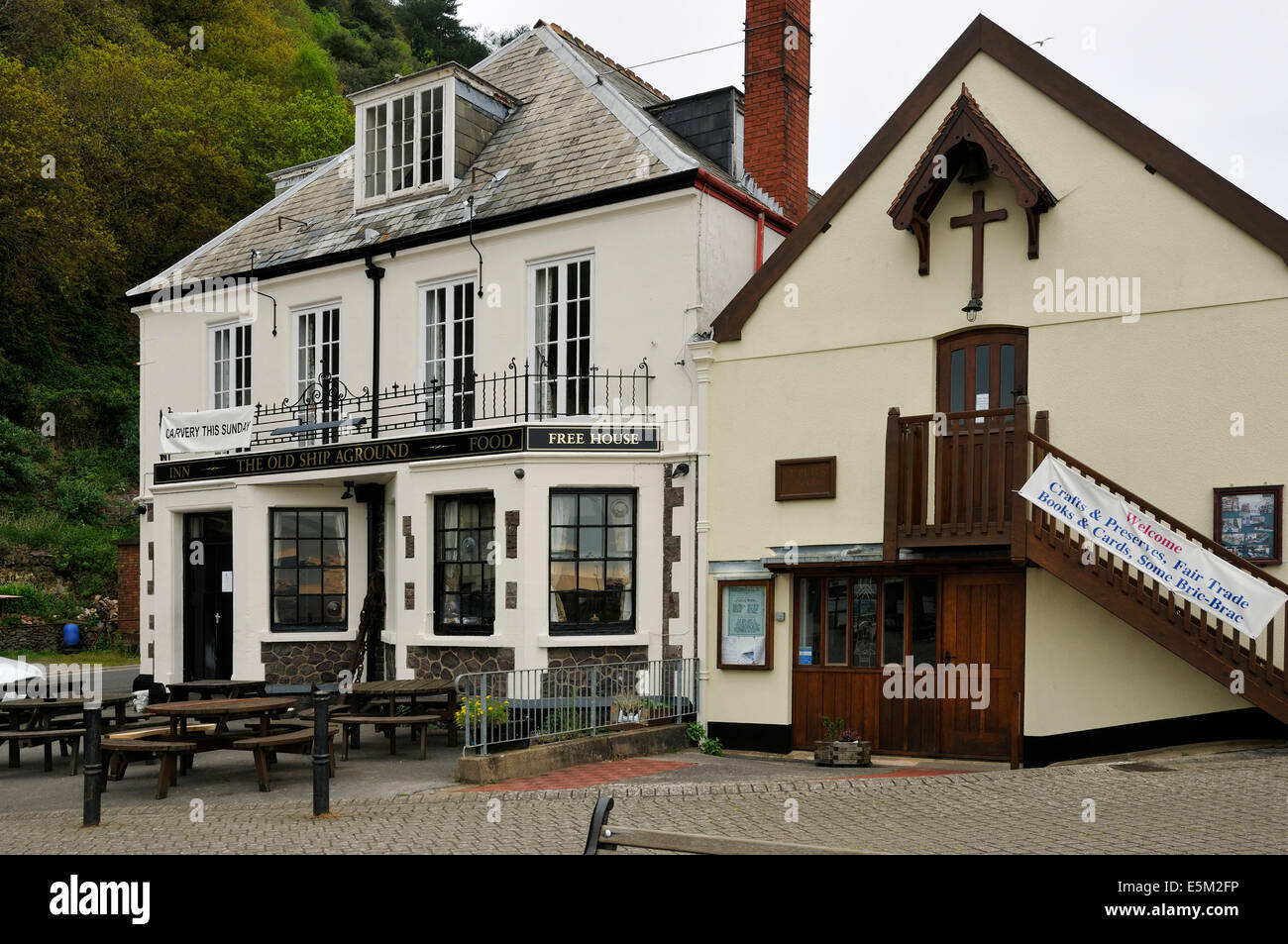 The Old Ship Aground Inn &  St Peter on the Quay Church, Minehead Harbour Stock Photo