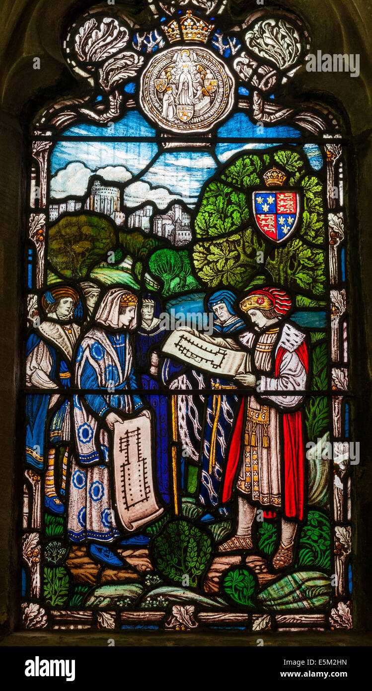 Hereford Cathedral. A 20c window shows King Henry VI and John Stanbury, Bishop of Hereford, inspecting plans for the future Eton College Stock Photo