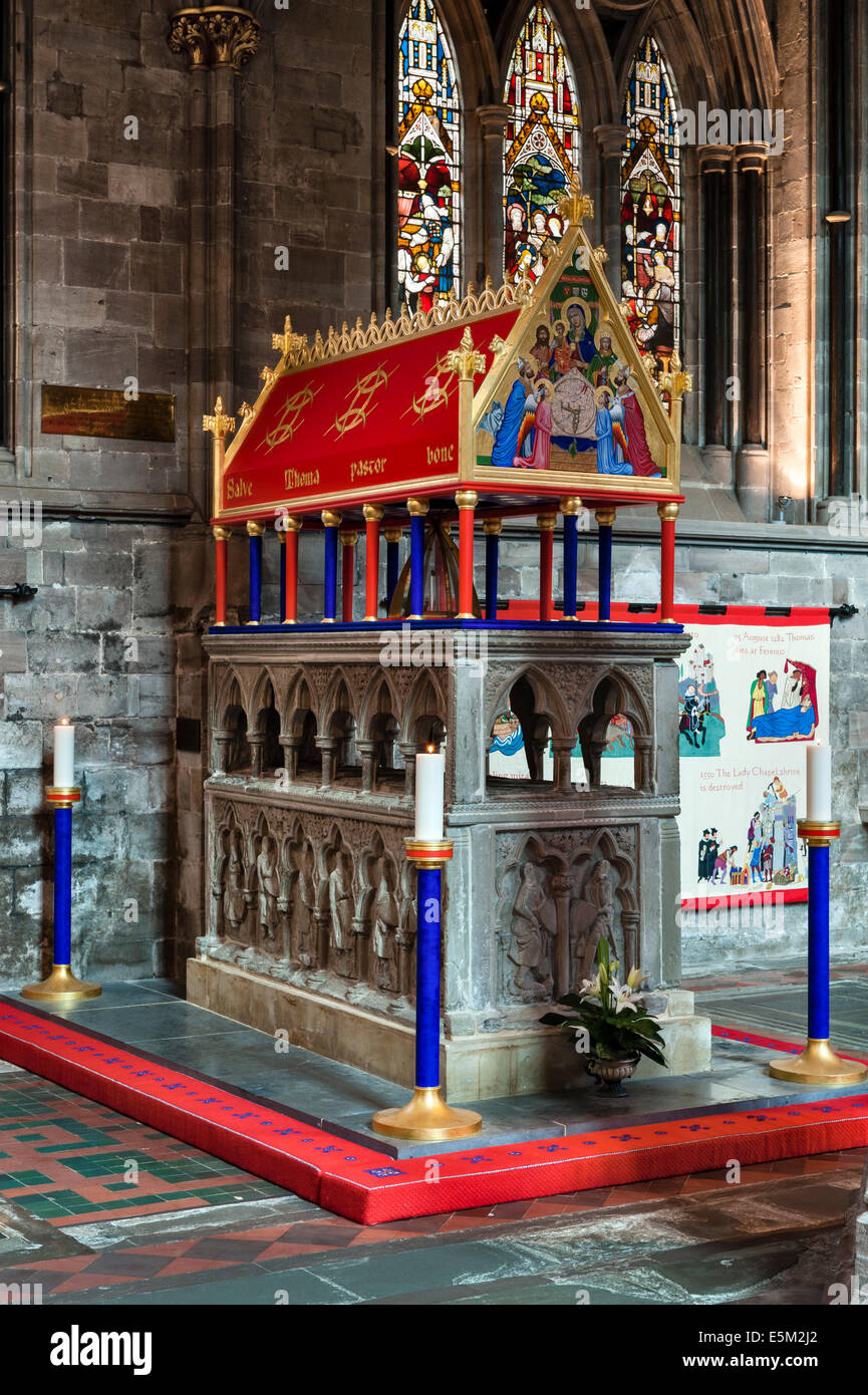 Hereford Cathedral, UK. The recently recreated shrine of St Thomas Cantilupe - the base is original 13c stonework. Stock Photo