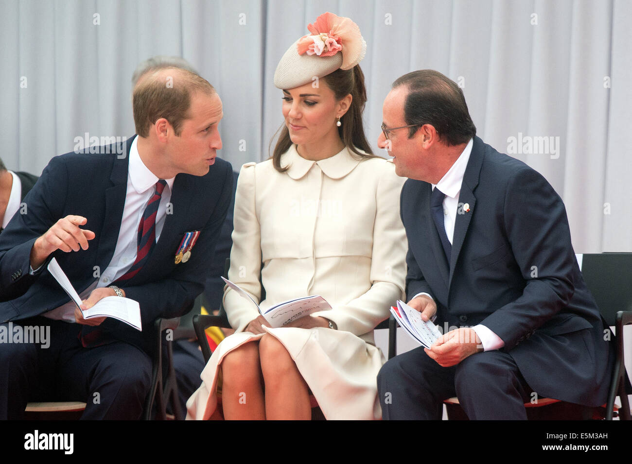 Luettich, Belgium. 04th Aug, 2014. British Prince William (L-R), Duchess Kate and French President Francois Hollande take part in the international memorial ceremony for the 100th anniversary of the beginning of the First World War in Luettich, Belgium, 04 August 2014. Photo: Maurizio Gambarini/dpa/Alamy Live News Stock Photo