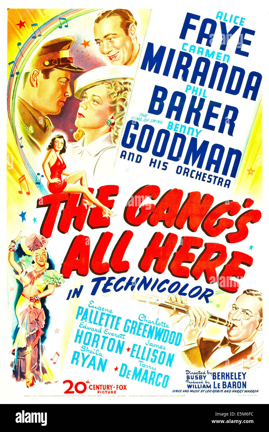 THE GANG'S ALL HERE, US poster, from top clockwise: Phil Baker, Alice Faye, Sheila Ryan, James Ellison, bottom left: Carmen Stock Photo