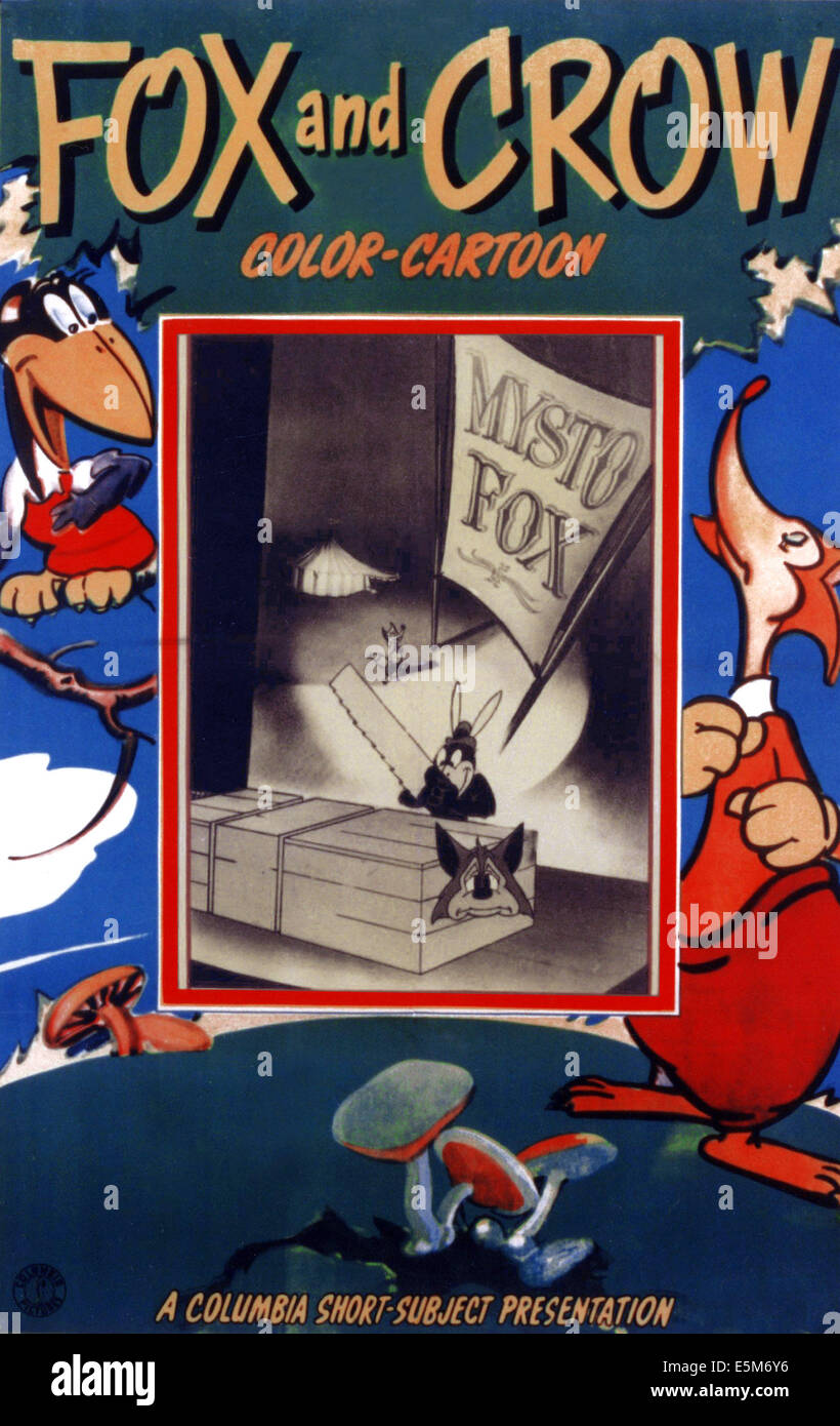 THE FOX AND THE CROW, poster art for Fox and Crow animated shorts, Crow (left and center with saw), Fox (center in box, and Stock Photo