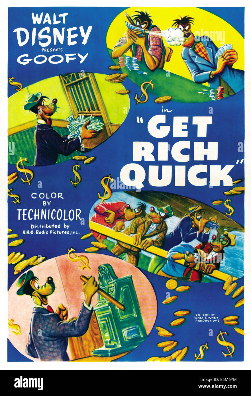 GET RICH QUICK, poster art for Walt Disney animated short, Goofy (top and bottom left, bottom, second from right), 1951 Stock Photo